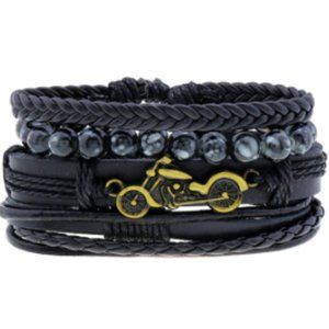 Leaf Feather Wood Black Leather Motorcycle Wristband Braided Rope Wrap Brac…